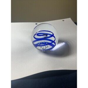 Art Glass Controlled Bubbles Paperweight Clear and Blue Swirl - 2-1/2" x 2-1/2"